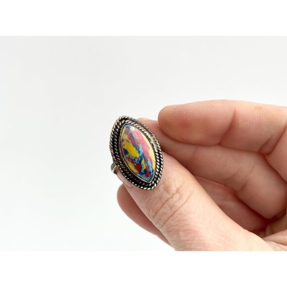 Rainbow Mosaic Jasper Stone Sterling Silver Vintage Southwest Ring - sz 5.75 - Picture 8 of 10